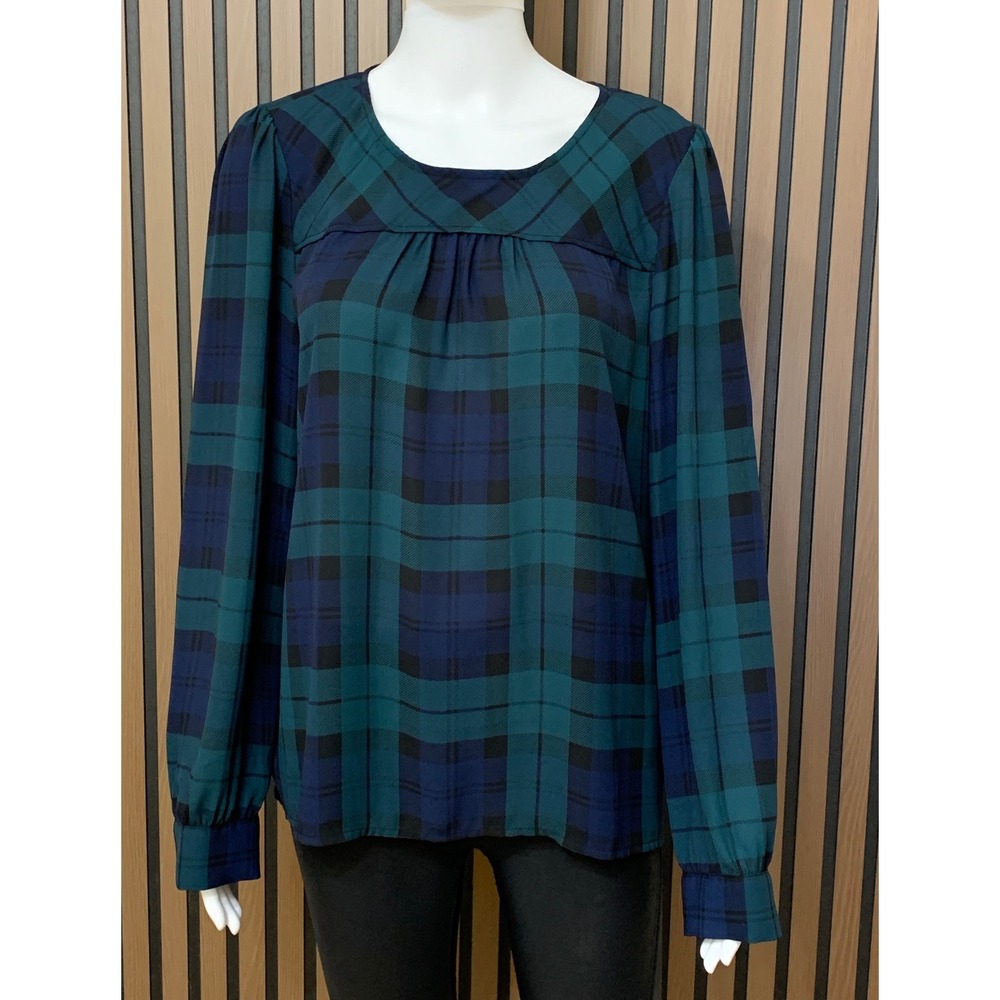 J.Crew Women's Navy Blue Green Plaid Pleated Long Sleeve Blouse L Classic